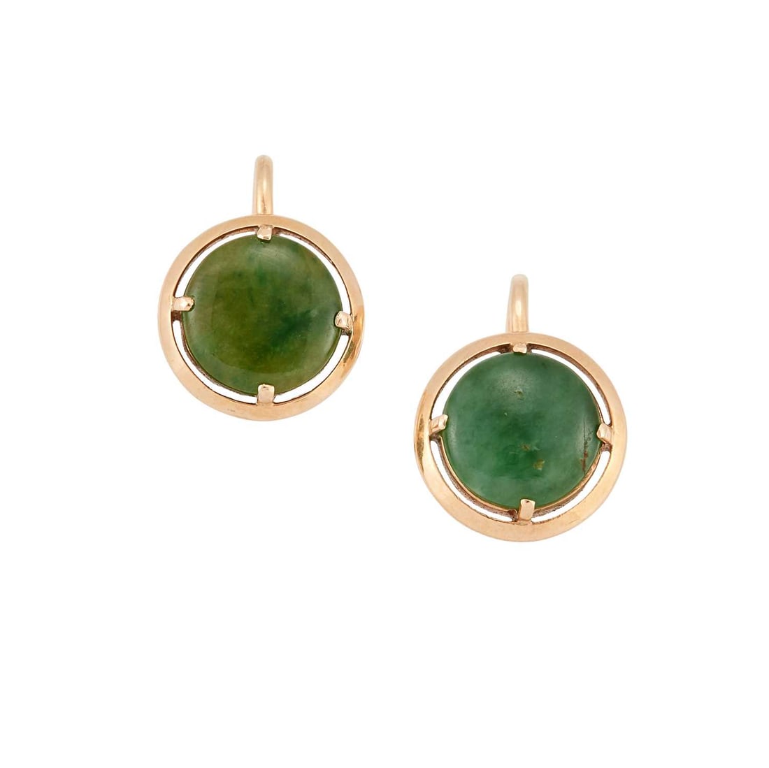 A PAIR OF JADE EARRINGS: circular jade within halo frames, with screw fittings, stamped '14K'. 1.1cm diameter, 3.9 grams Good condition