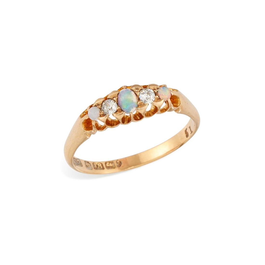 AN 18 CARAT GOLD OPAL AND DIAMOND BOAT RING: an oval opal spaced by old-cut diamonds and round opals, to a pierced gallery, hallmarked Birmingham. Ring size R, 3.2 grams One outer opal likely a replacement and lacks play of colour.