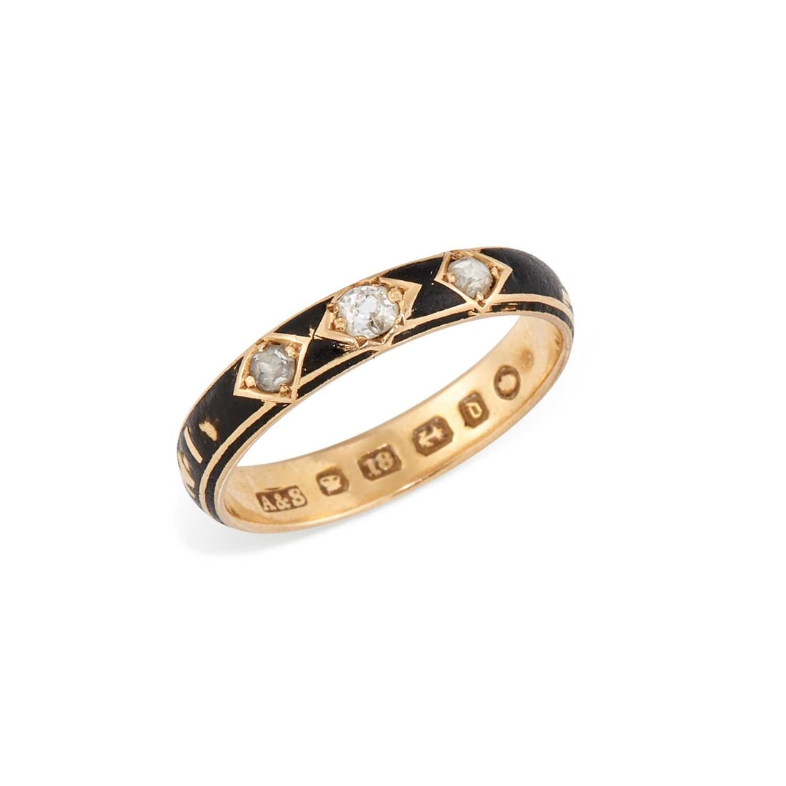 A VICTORIAN 18 CARAT GOLD DIAMOND AND BLACK ENAMEL MOURNING RING: three old-cut diamonds star-set to a band engraved In Memory Of, and filled with black enamel, hallmarked Birmingham 1878. Ring size P1/2, 2.8 grams One side diamond is a rose cut, the others being