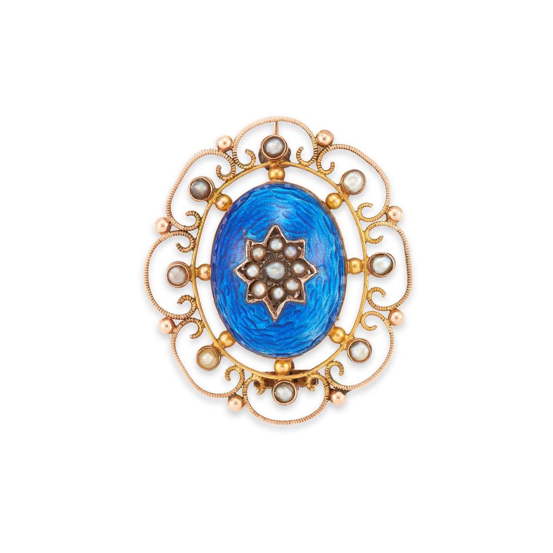 AN ENAMEL AND SEED PEARL BROOCH: a star-set cluster of seed pearls within a blue guilloche enamel dome, within a seed pearl wire frame, stamped '9CT'. 2.7cm long, 3.9 grams Lacks clasp. Light wear to the frame