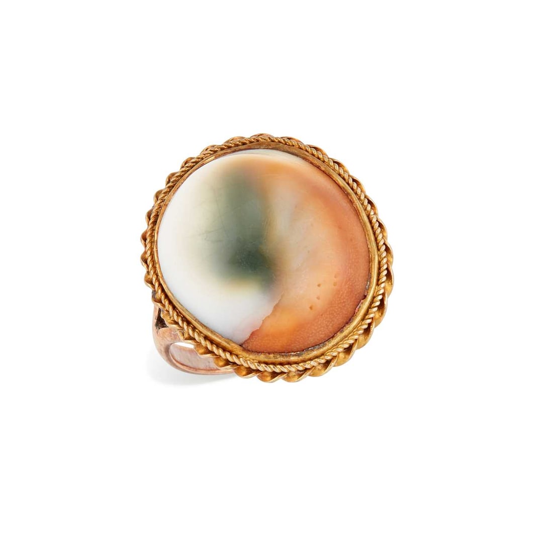 AN OPERCULUM RING: within a rope frame, to forked shoulders, stamped '9CT'. Ring size O1/2, 7.4 grams Good condition. Adapted into a ring from another piece of jewellery, with some associated discolouration to the back