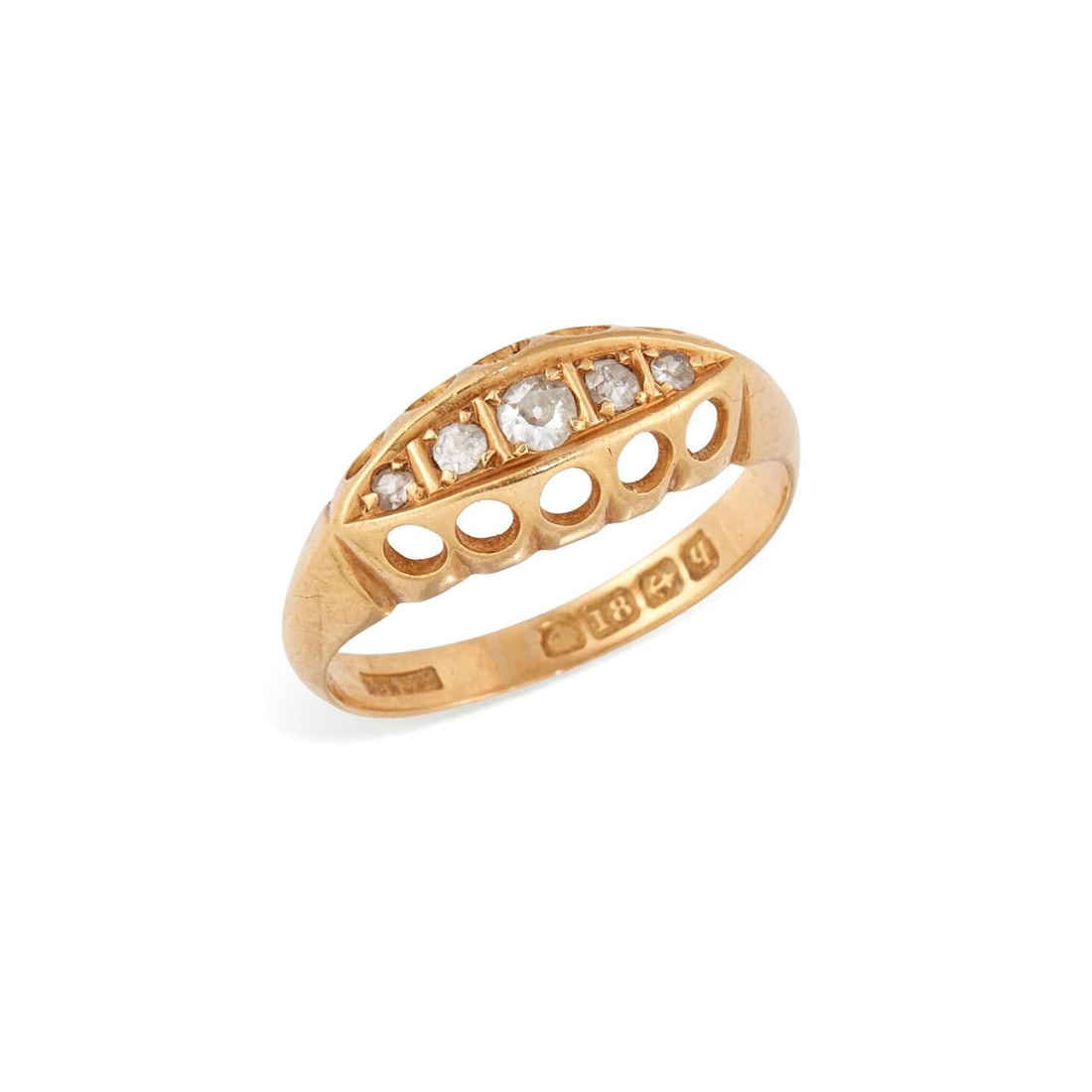 AN 18 CARAT GOLD DIAMOND BOAT RING: five graduated old-cut diamonds, to a pierced gallery, hallmarked Birmingham 1915. Ring size N, 2.8 grams Good condition.