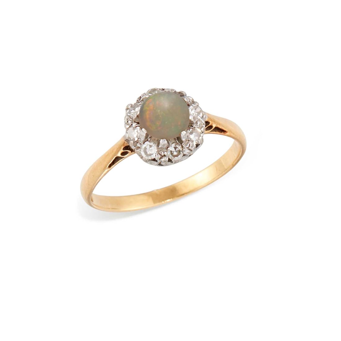 AN OPAL AND DIAMOND CLUSTER RING: a round-cut opal within a border of round-cut diamonds, stamped '18CT'. Estimated total diamond weight 0.25 carat, ring size K1/2, 2.5 grams Good condition. Estimated diamond colour: G/H, estimated