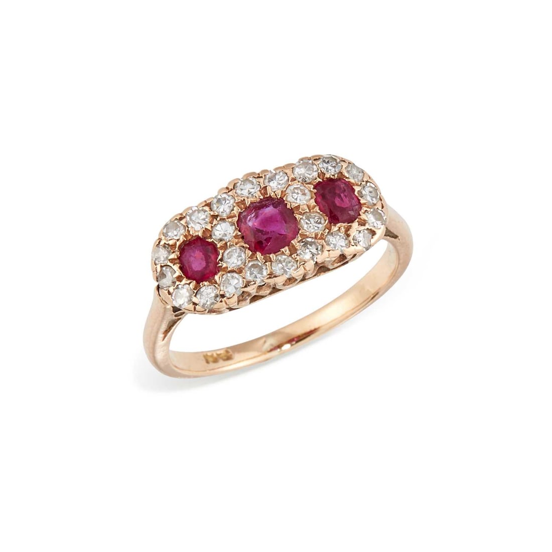 A RUBY AND DIAMOND TRIPLE CLUSTER RING: three graduated cushion-cut rubies within a border of round-cut diamonds, stamped '18CT'. Estimated total diamond weight 0.25 carat, ring size M, 3.5 grams Heavy abrasion to the rubies