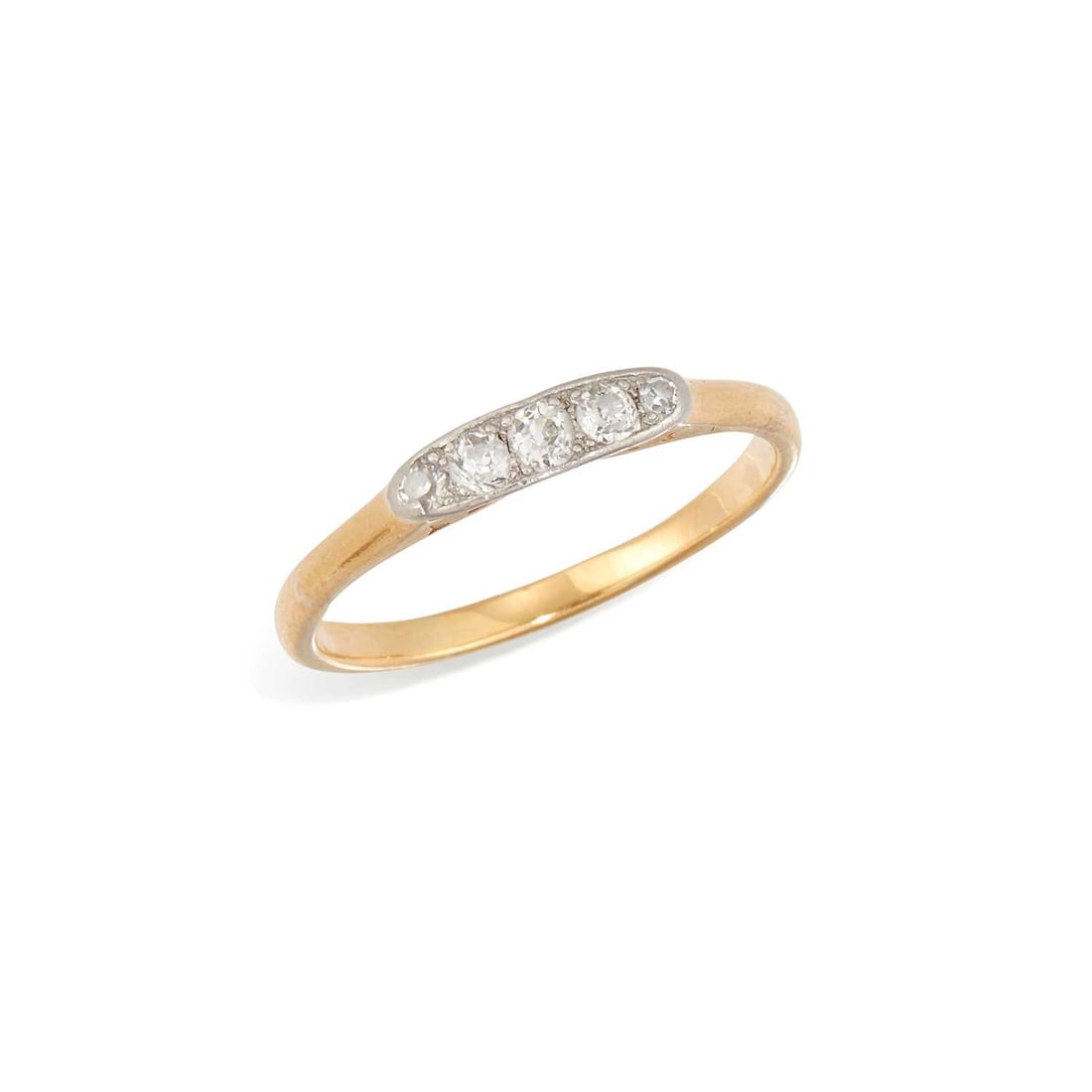 AN OLD-CUT DIAMOND RING: five graduated old-cut diamonds in a milgrain bar setting, unmarked. Estimated total diamond weight 0.20 carat, ring size N, 2 grams Good condition. Estimated diamond colour: H/I, estimated diamond