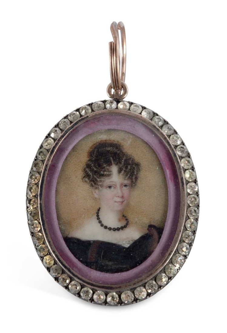 CITES - A PORTRAIT MINIATURE 19TH CENTURY: the oval miniature painting of a young girl, glazed and mounted in a paste-set silvered frame. 4.6cm high With non-transferable standard ivory exemption declaration number SMQ6KS6Z