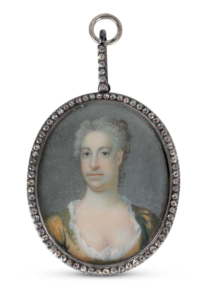 CITES - AN OVAL PORTRAIT MINIATURE 19TH CENTURY: painted as a lady in Georgian attire, glazed and set within a paste mounted silvered frame. 5cm high With non-transferable standard ivory exemption declaration number MXRH79HM