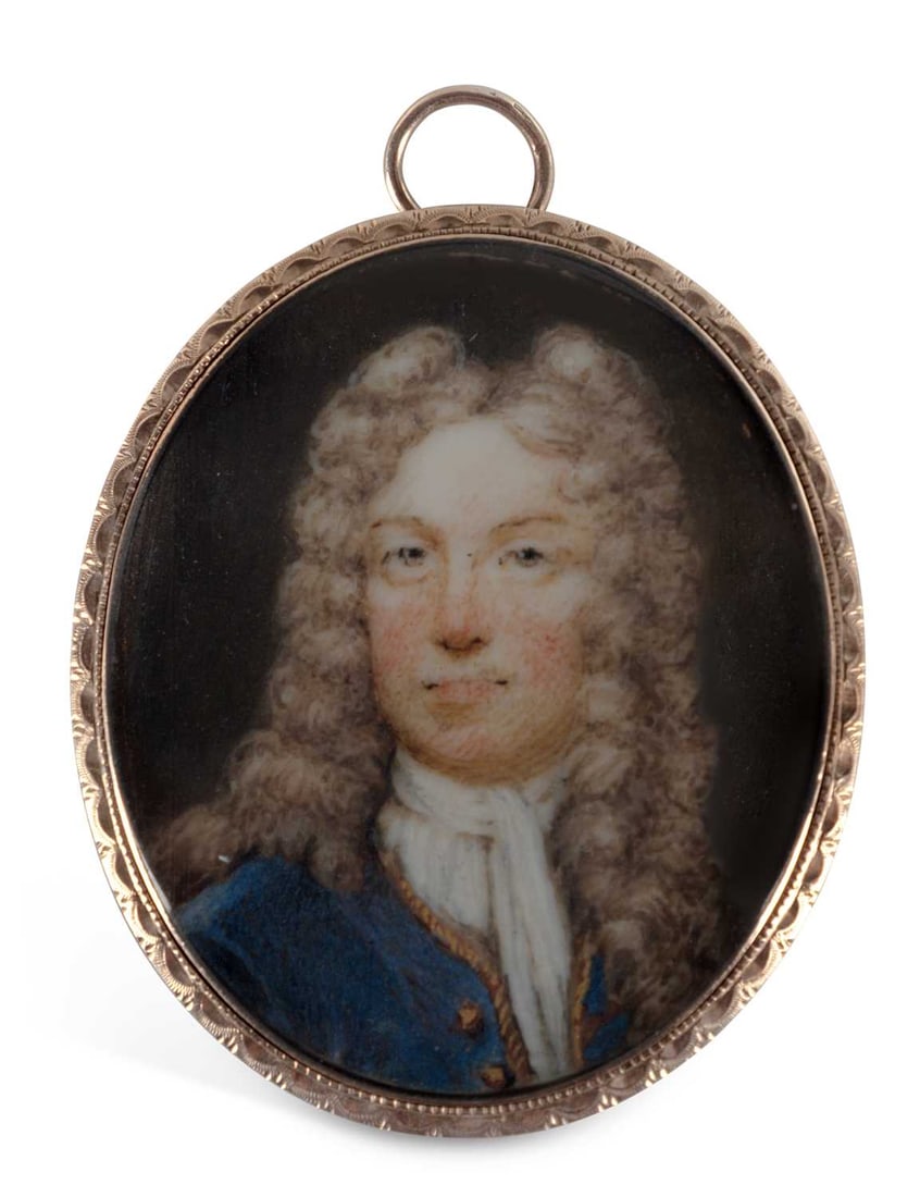 A GOLD FRAMED PORTRAIT MINIATURE 19TH CENTURY: painted with the portrait of an 18th Century gentleman, glazed, and contained within a gold frame. 4.5cm high With non-transferable standard ivory exemption declaration number TBVHD1QY