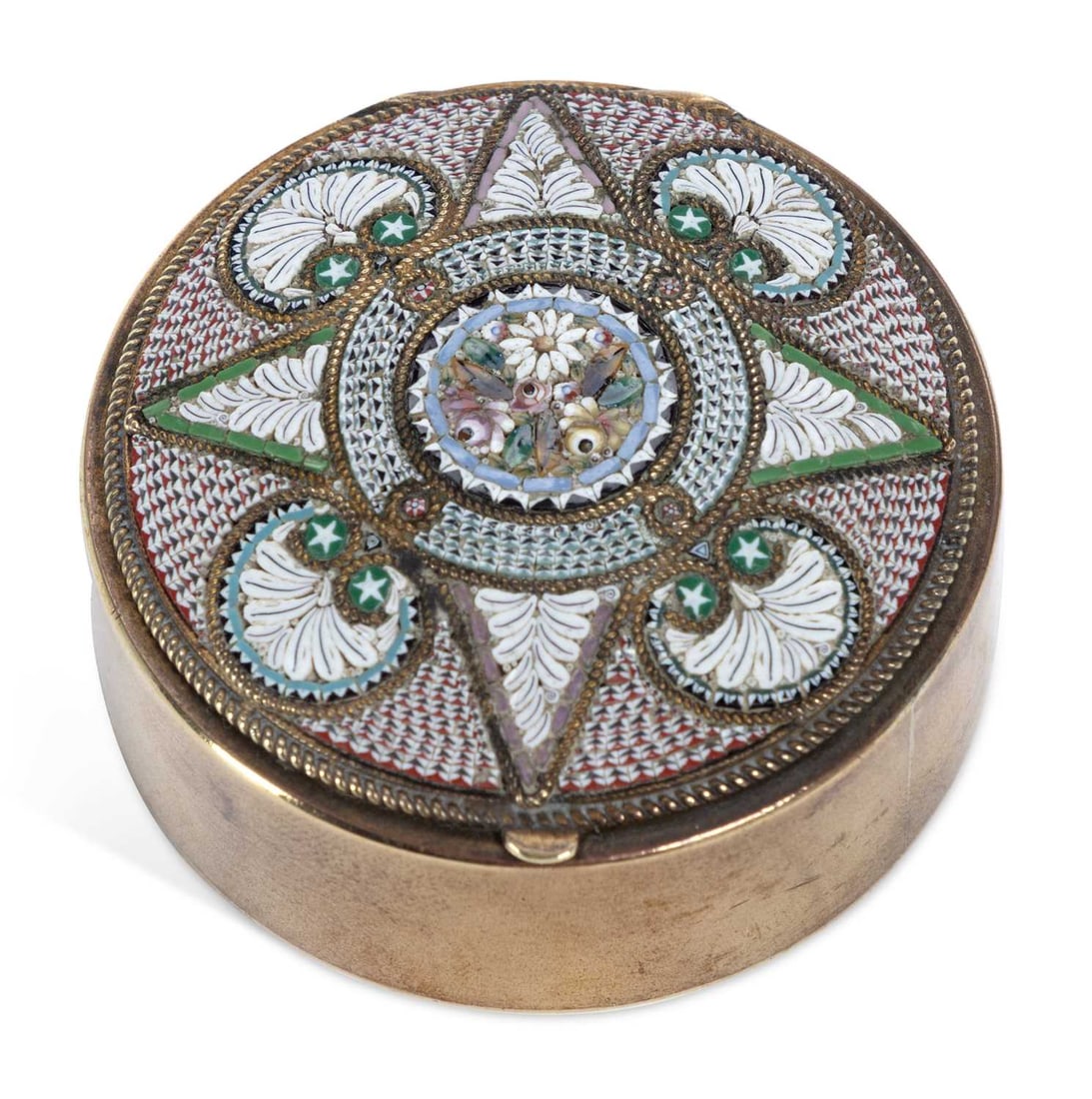 AN ITALIAN MICROMOSAIC BOX CIRCA 1880: the circular brass box with a hinged cover, inlaid in coloured tesserae with a central floral roundel within radiating palmettes, scrolls and star-set roundels divided by twisted wire, within a rope