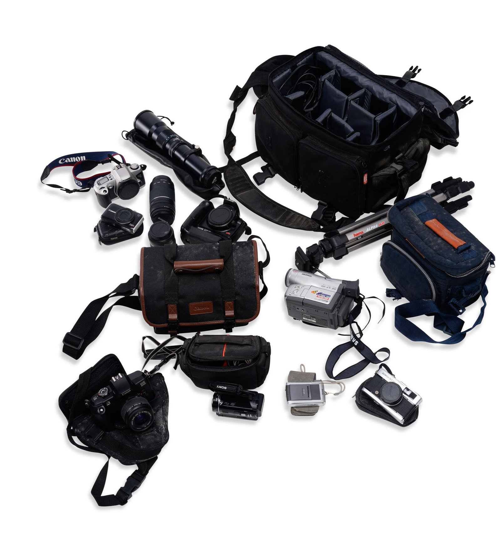 A COLLECTION OF CAMERAS AND PHOTOGRAPHIC EQUIPMENT: including a Canon EOS DS6041 DSLR black camera body, serial no. 1760510639; a Canon EOS 500 N camera body, serial no. 9379094; a Canon EF 75-300mm f/4-5.6 III Zoom lens; a Canon Powershot SX230 HS