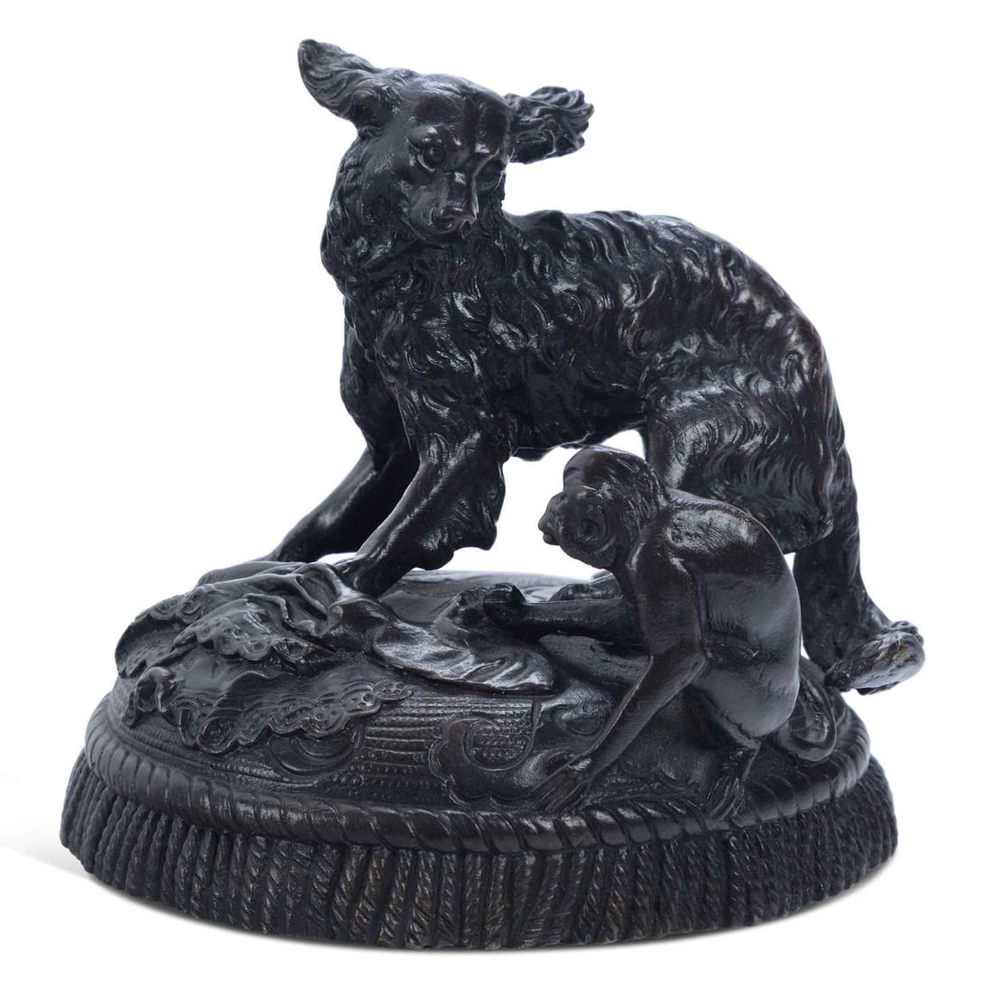 A BRONZE GROUP OF A DOG AND A MONKEY (1 of 2)