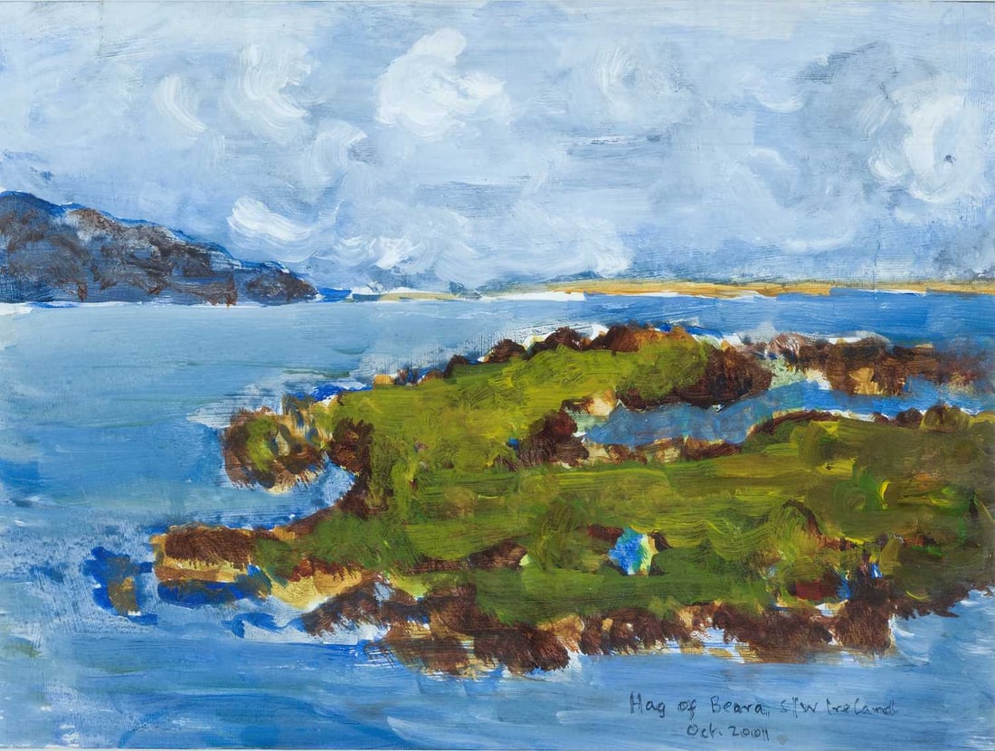 ARR - THE HON ANDREW BIGHAM (BORN 1941) FIVE LANDSCAPE VIEWS: Including Lindisfarne, Derwentwater, Hog of Beara (Ireland) and Windermere Some inscribed and initialled Watercolours and an Oil (Largest 35cm x 54cm) Qty: (5)