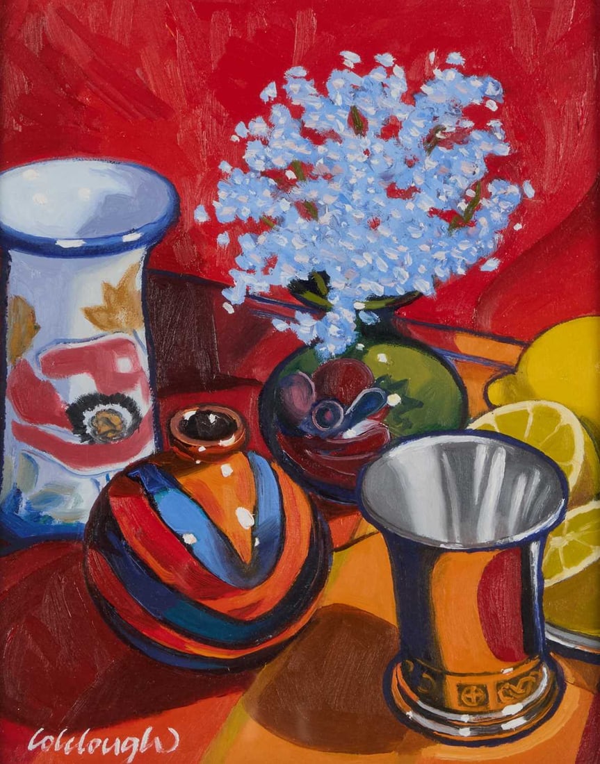 ARR - FRANK COLCLOUGH (1941-2023) FORGET-ME-NOTS STUDY: Signed and inscribed verso Oil on board (24cm x 19cm)