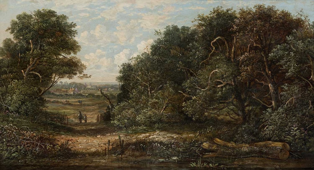 W. WILLIAMS (19TH CENTURY SCHOOL) WOODLAND LANDSCAPE WITH VILLAGE BEYOND (1 of 3)