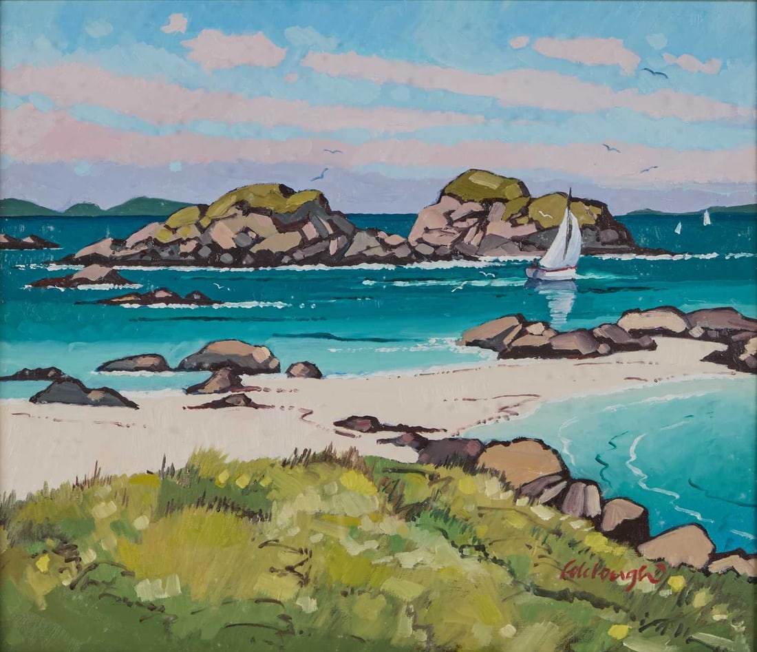 ARR - FRANK COLCLOUGH (1941-2023) SAILING OFF FINDEN, ISLE OF MULL: Signed and inscribed verso Oil on board (30cm x 35cm)
