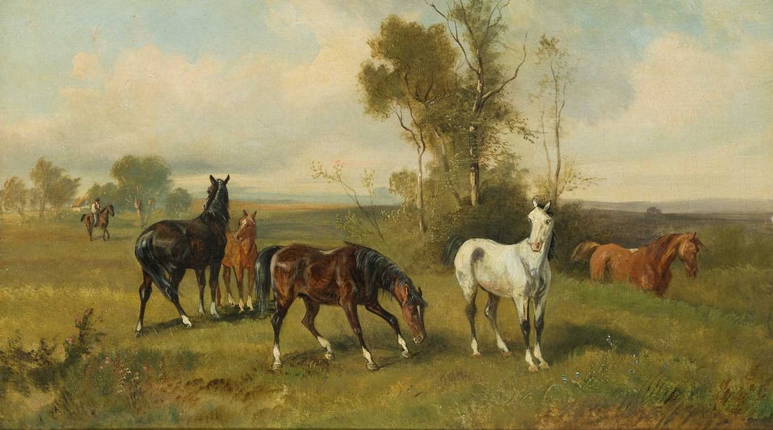 FOLLOWER OF HARRY HALL (CIRCA 1813-1882) LANDSCAPE WITH HORSES (1 of 3)