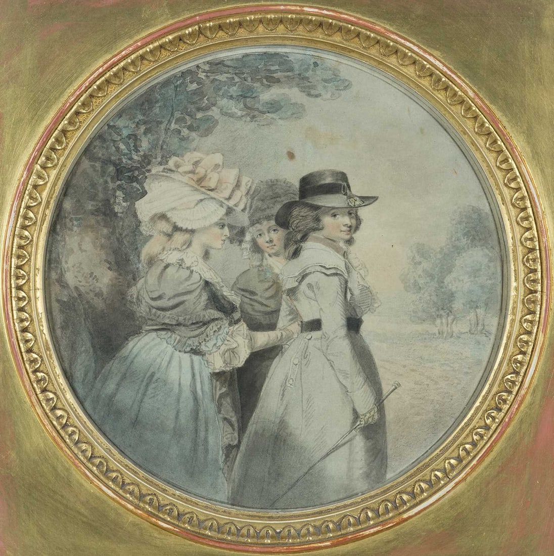 JOHN RAPHAEL SMITH (1751-1812) BLACK BROWN & FAIR (PORTRAITS OF MRS MORLAND, MISS MORLAND AND MISS: Pencil and watercolour Provenance: With Thomas Agnew & Sons, London (label verso) Christies stencil no. S43RB Private Collection, North Yorkshire. (20.5cm x 20.5cm (tondo)) Paper is slightly stained b