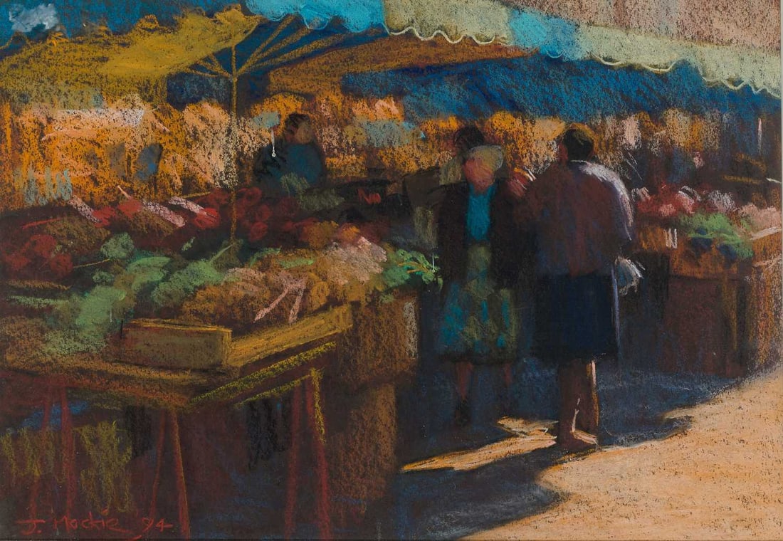 ARR - JOHN MACKIE (SCOTTISH BORN 1953) MARKET LIGHT, PERPIGNON: Signed and dated (19)94 Pastel Provenance: With the Walker Galleries Ltd, Harrogate (label verso) (40cm x 58cm)