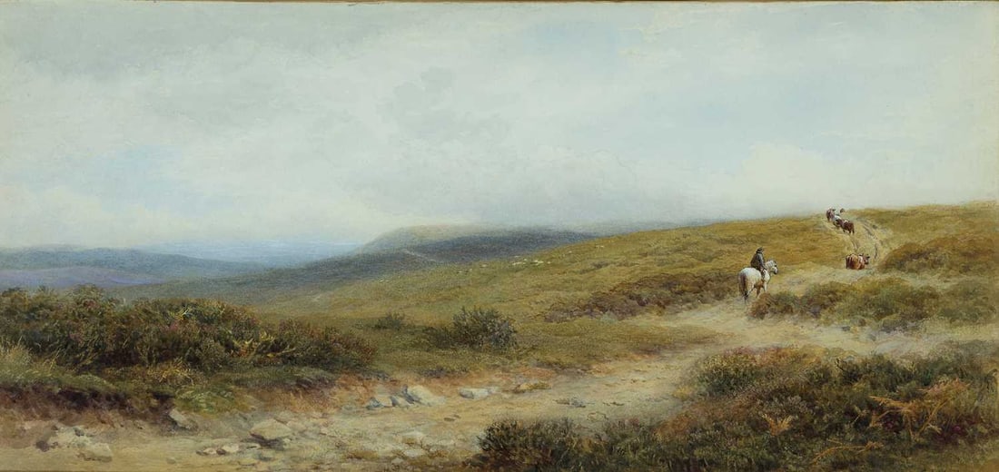 CHARLES HORWELL WOODMAN (1823-1888) DRIVING THE CATTLE: Signed Watercolour Provenance: With Christies (stencil 955CC verso). With F & W Vokins (label verso) (25cm x 53cm)