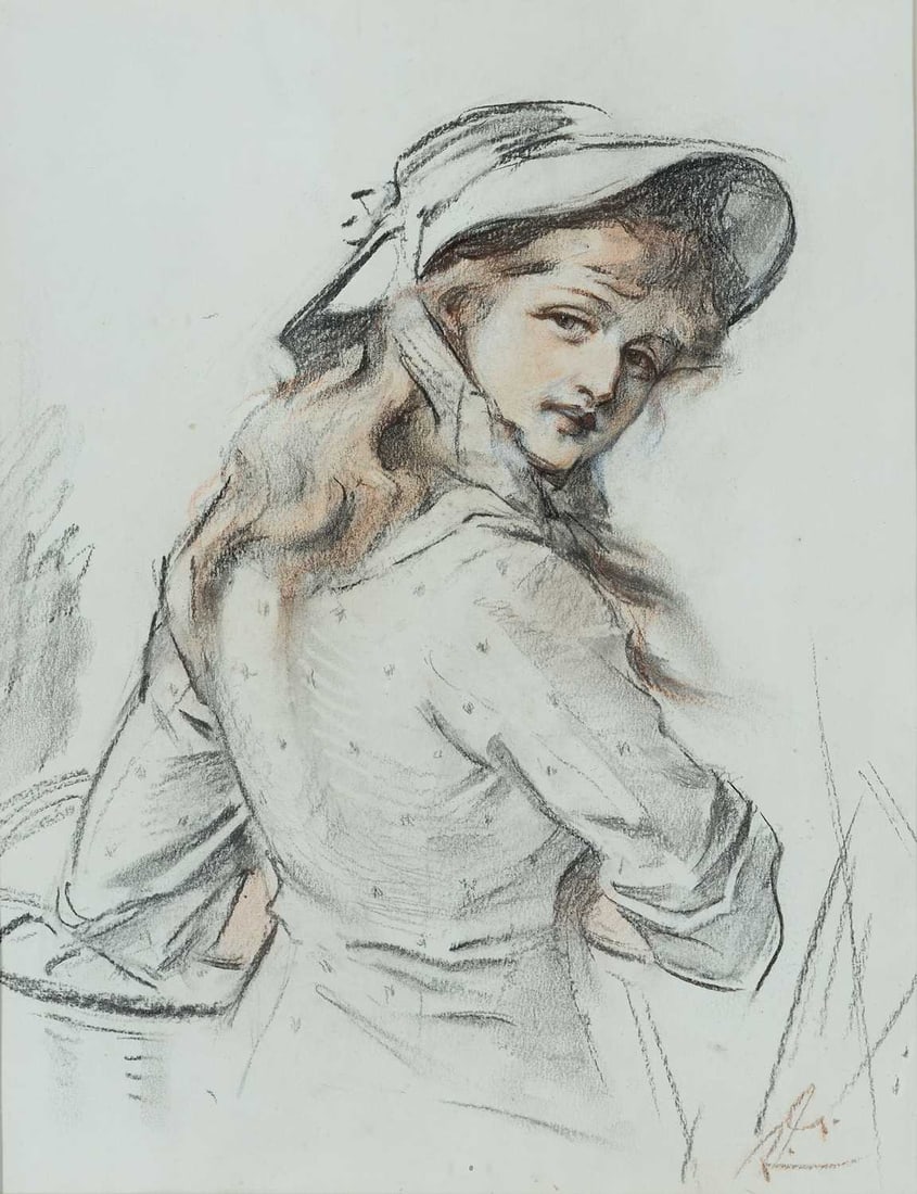 ROBERT GIBB RSA (1845-1932) THE GARDENERS DAUGHTER, A STUDY: Signed Black and brown chalks Provenance: Label verso possibly exhibited in 1931, with Lyon & Turnbull (lot 229, 20th July 2013) (38cm x 29cm)