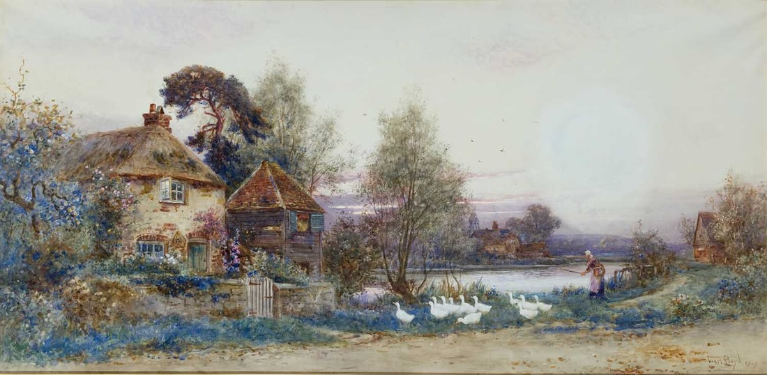 WALTER STUART LLOYD (1875-1929) GOOSE GIRL HERDING THE FLOCK (1 of 3)