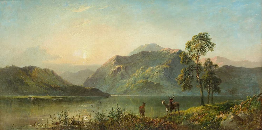 ALFRED DE BREANSKI SENIOR (1852-1928) SUNSET OVER A SCOTTISH LOCH, DEER ON THE SHORE (1 of 3)