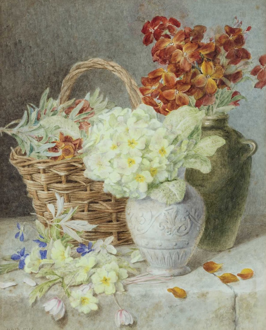 MARY ELIZABETH DUFFIELD (1819-1914) STUDY OF VASES OF PRIMROSES AND WALLFLOWERS ON A STONE LEDGE: Signed Watercolour Provenance: With Christopher Wood, Motcomb Street, London (label verso) (45.5cm x 37cm)
