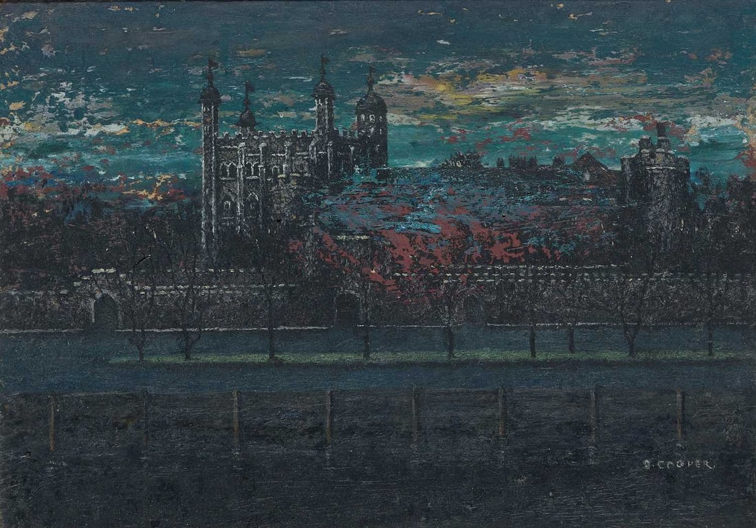 ARR - DAVID COOPER (1909-1989) THE TOWER OF LONDON: Signed Oil on card (16cm x 22.5cm)