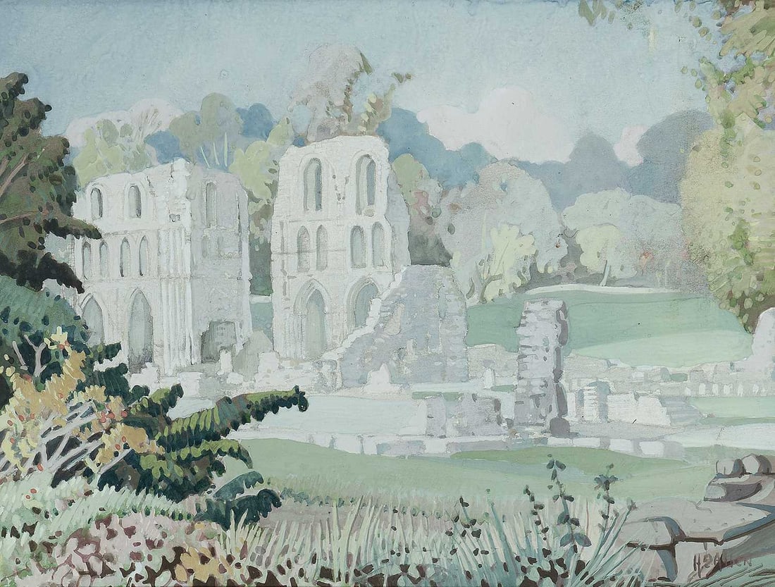 ARR - HARRY EPWORTH ALLEN (1894-1958) THE RUINS OF ROCHE ABBEY, MALTBY: Signed Gouache Provenance: Exhibition invite to the Graves Art Gallery (26th March 1959) affixed verso (22cm x 29cm)