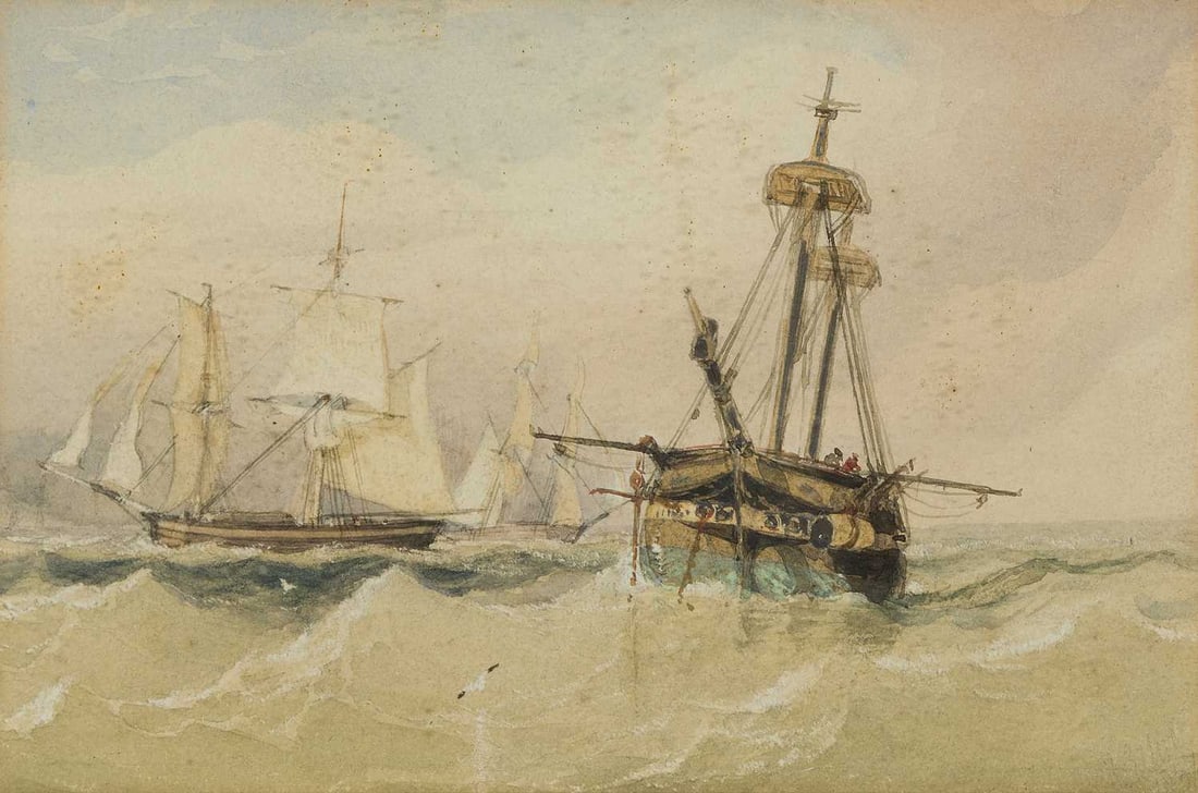 CIRCLE OF RICHARD PARKES BONINGTON (1802-1828) SHIPS AT SEA: Indistinctly signed lower right Watercolour Provenance: James Bourlet & Sons label verso. Private Collection, North Yorkshire. (11.5cm x 17cm)