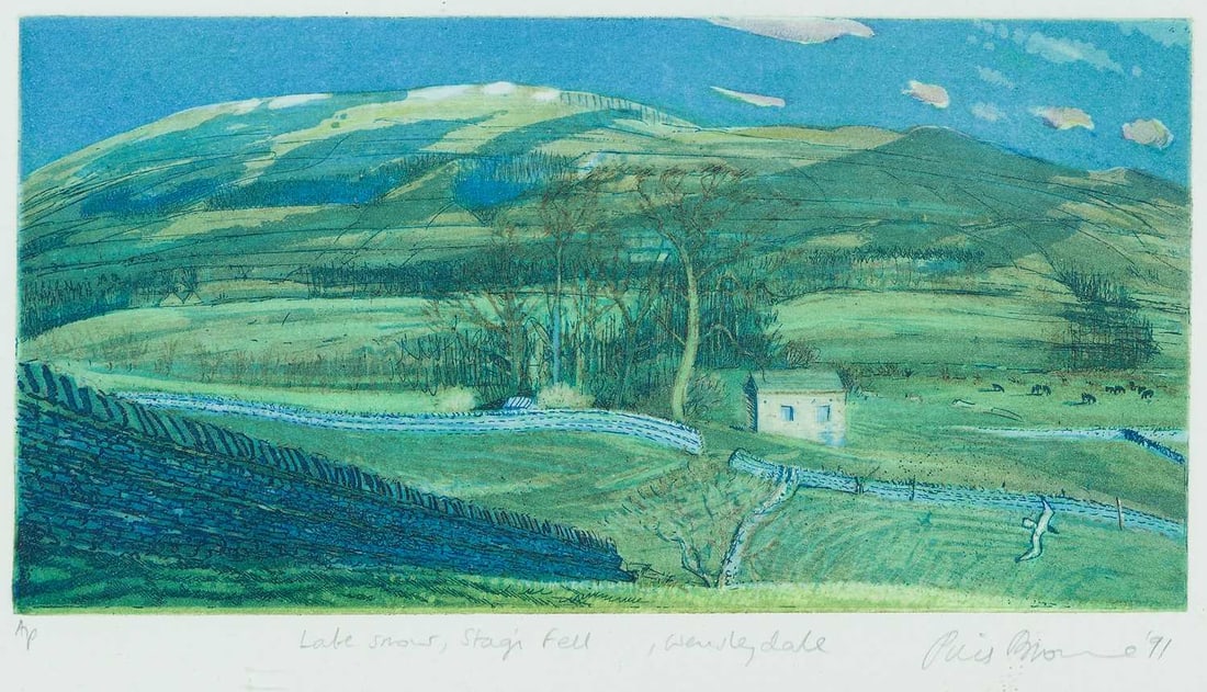 ARR - PIERS BROWNE (1949-2024) LATE SNOW, STAGS FELL & NAPPA SCAR, WENSLEYDALE: Signed dated (19)91 and titled. Artists Proof Nappa Scar signed, titled and dated (19)96 and numbered 14/45 Limited edition prints (Late snow: 21cm x 36cm. Nappa Scar: 35cm x 24.5cm) Qty: (2)
