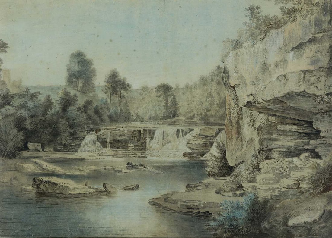 GEORGE CUITT THE ELDER (1743-1818) AYSGARTH FALLS, NW RIDING, YORKSHIRE: Inscribed Pencil and watercolour Provenance: Private Collection, North Yorkshire (40.5cm x 56cm) foxing, slight staining to paper and fold lines just visible bottom left and upper right corner (diagon