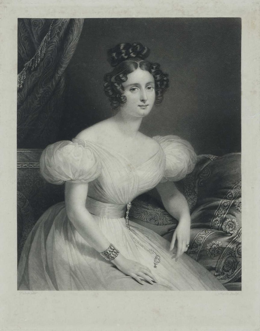 AFTER CLAUDE-MARIE DUBUFE (FRENCH 1790-1864) PORTRAIT OF A LADY: Print made by George Maile. The sitter is possibly the actress Harriet Smithson (1800-1854) who was married to the composer Hector Berlioz (43cm x 34cm)