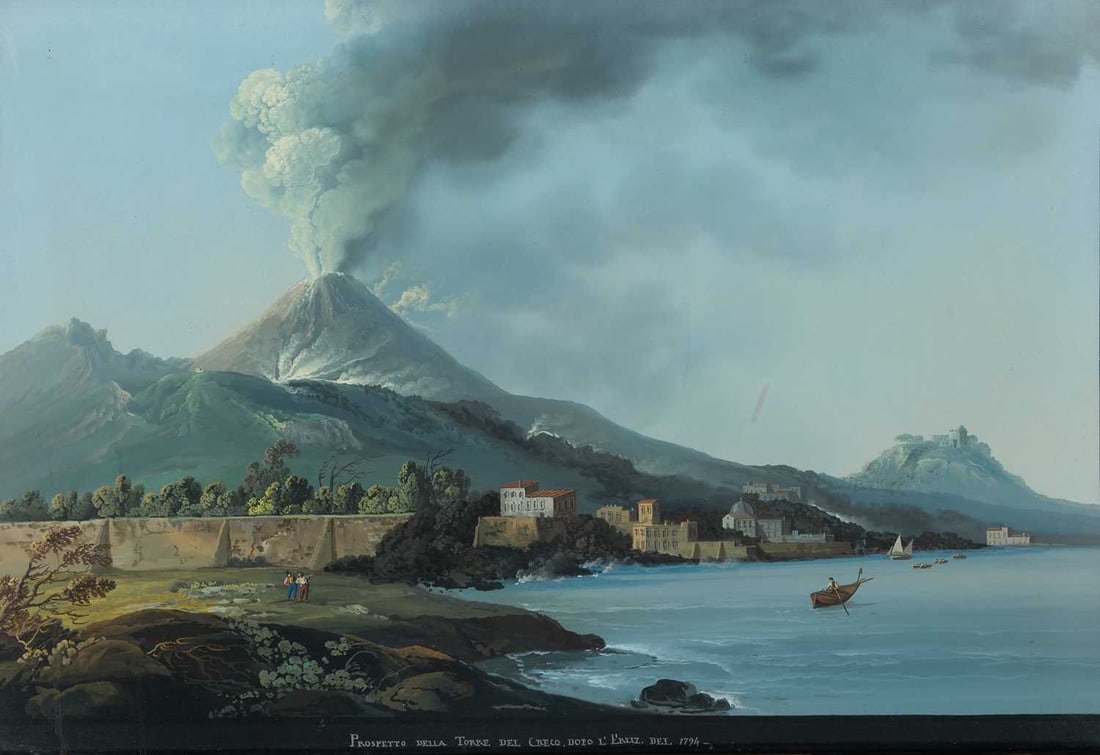 LATE 18TH/ EARLY 19TH CENTURY NEAPOLITAN SCHOOL FOUR VIEWS OF NAPLES AND VESUVIUS: Titled: 'Veduta Di Castellammare Sopra Puzzano', 'Prosoetto Della Torre Del Creco, Dopo L'Eruz. Del 1794', 'Veduta Di Napoli Presa Dall Arene Del Ponte Della Maddalena' & 'Napoli Presa Dal Casino Di D