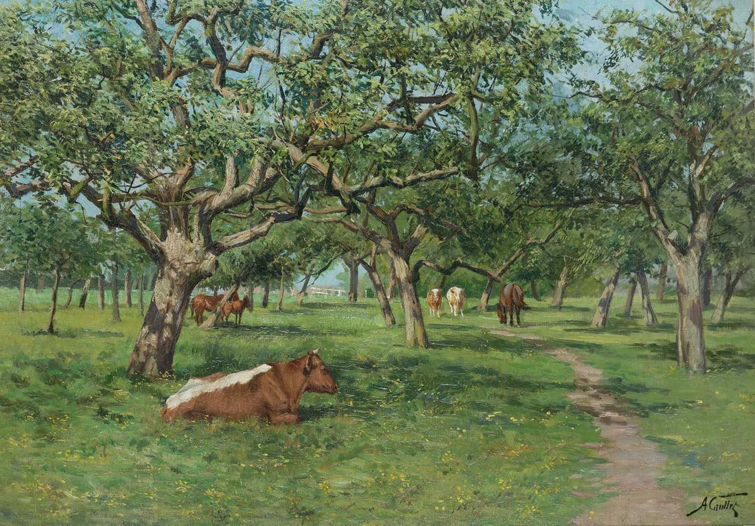 ALBERT CAULLET (BELGIAN 1875-1950) CATTLE AND HORSES RESTING UNDER TREES (1 of 2)
