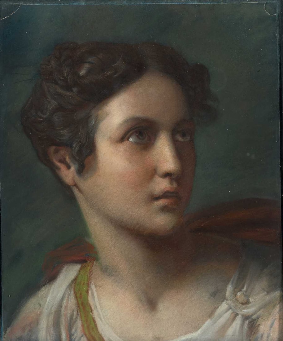 LATE 18TH/ EARLY 19TH CENTURY FRENCH SCHOOL PORTRAIT OF LADY IN CLASSICAL DRESS: Pastel Old label verso (37.5cm x 32cm)