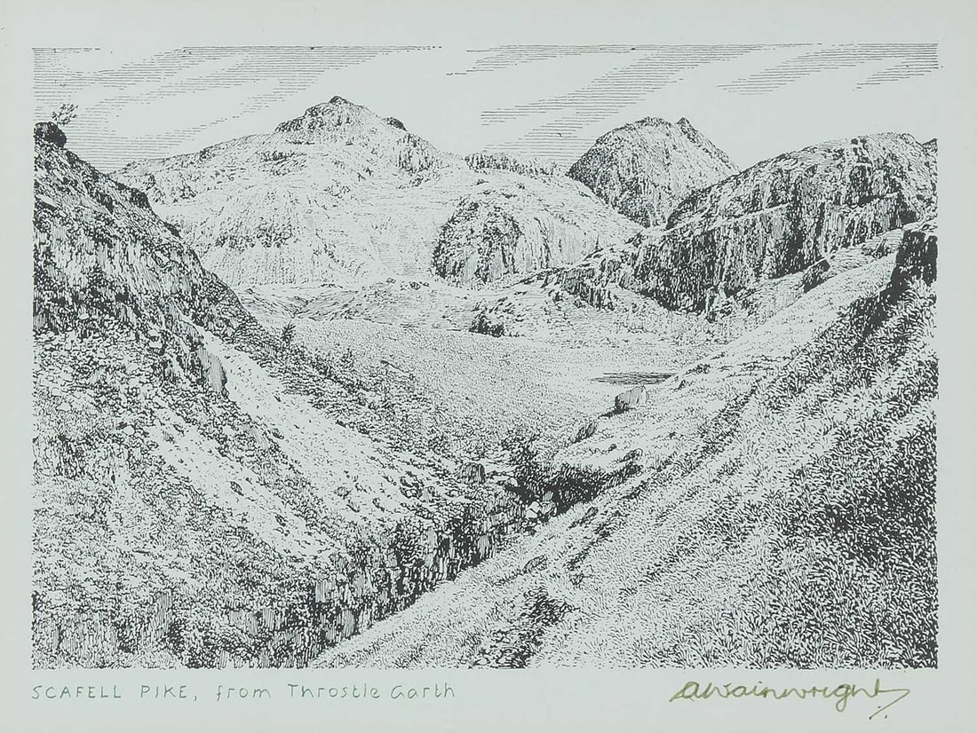 ARR - ALFRED WAINWRIGHT (1907-1991) DERWENTWATER, FROM CASTLE HEAD & SCAFELL PIKE, FROM THROSTLE: Both signed Black and white prints (17.5cm x 22.5cm each) Qty: (2)