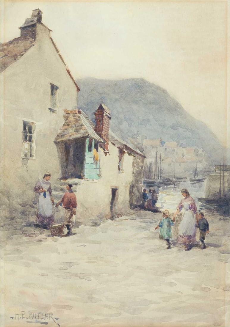 HERBERT E. BUTLER (1861-1931) FISHERFOLK AND CHILDREN AT POLPERRO (1 of 3)