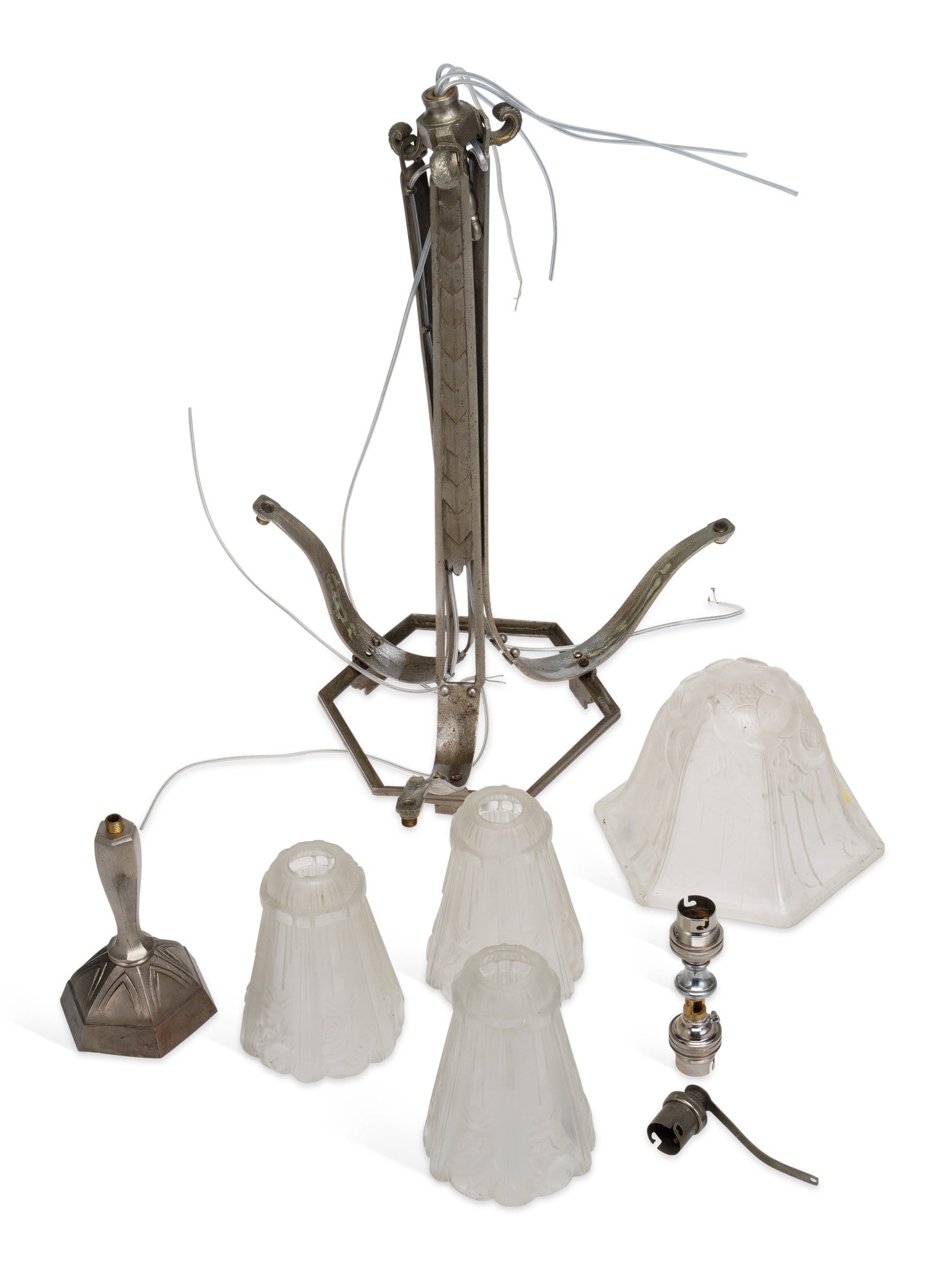 A FRENCH ART DECO CEILING LIGHT: with geometric pewter branches and ceiling fixture, the frosted glass shades including three small and one larger, with stylised floral pattern. Central branch 52cm high