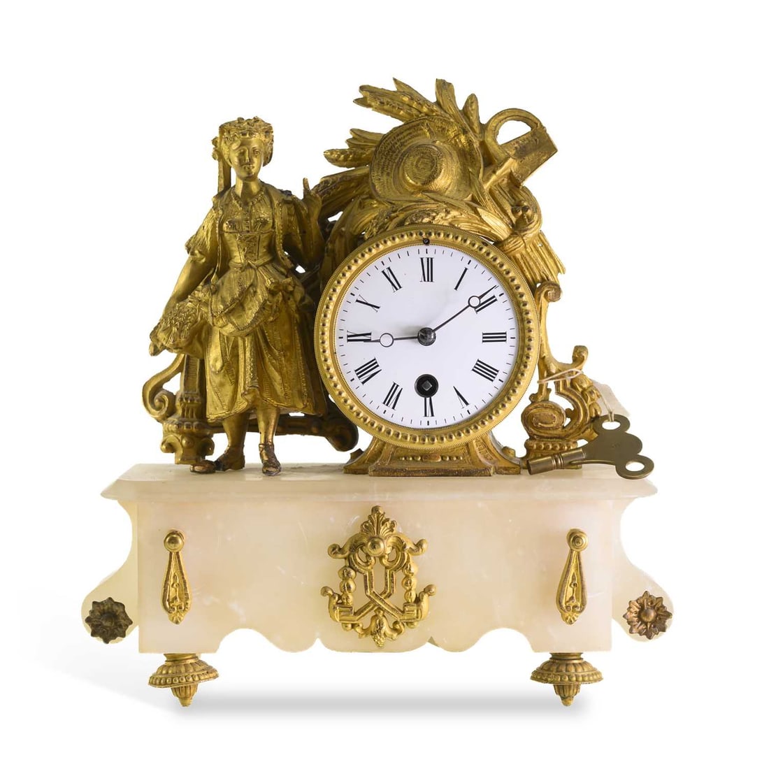 A FRENCH GILT SPELTER AND ALABASTER FIGURAL MANTEL TIMEPIECE 19TH CENTURY (1 of 2)