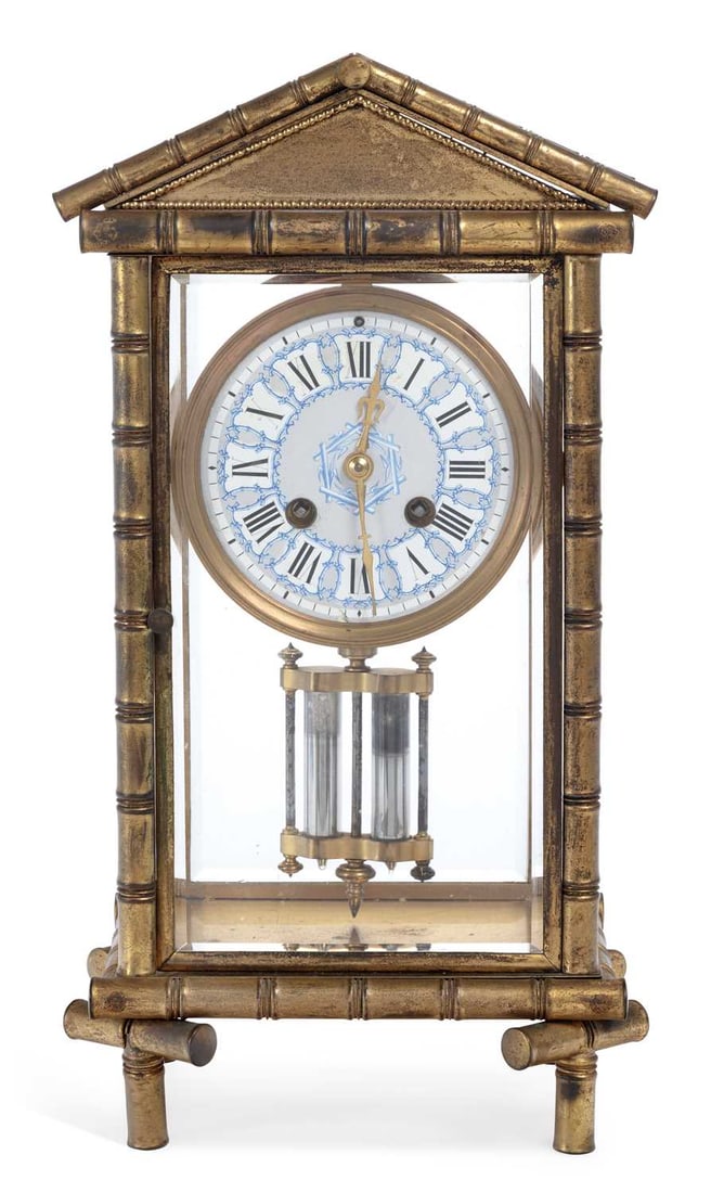 A FRENCH GILT-BRASS FOUR-GLASS MANTEL CLOCK CIRCA 1880 (1 of 2)