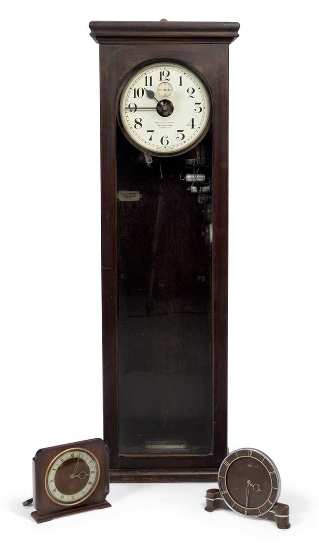 AN EARLY 20TH CENTURY ELECTRIC MASTER CLOCK AND TWO ART DECO MANTEL TIMEPIECES (1 of 1)