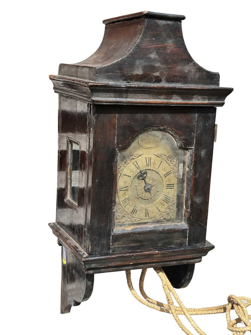 A GEORGE III EBONISED HOODED WALL CLOCK WITH ALARM SIGNED GEO RILEY, LONDON (1 of 5)