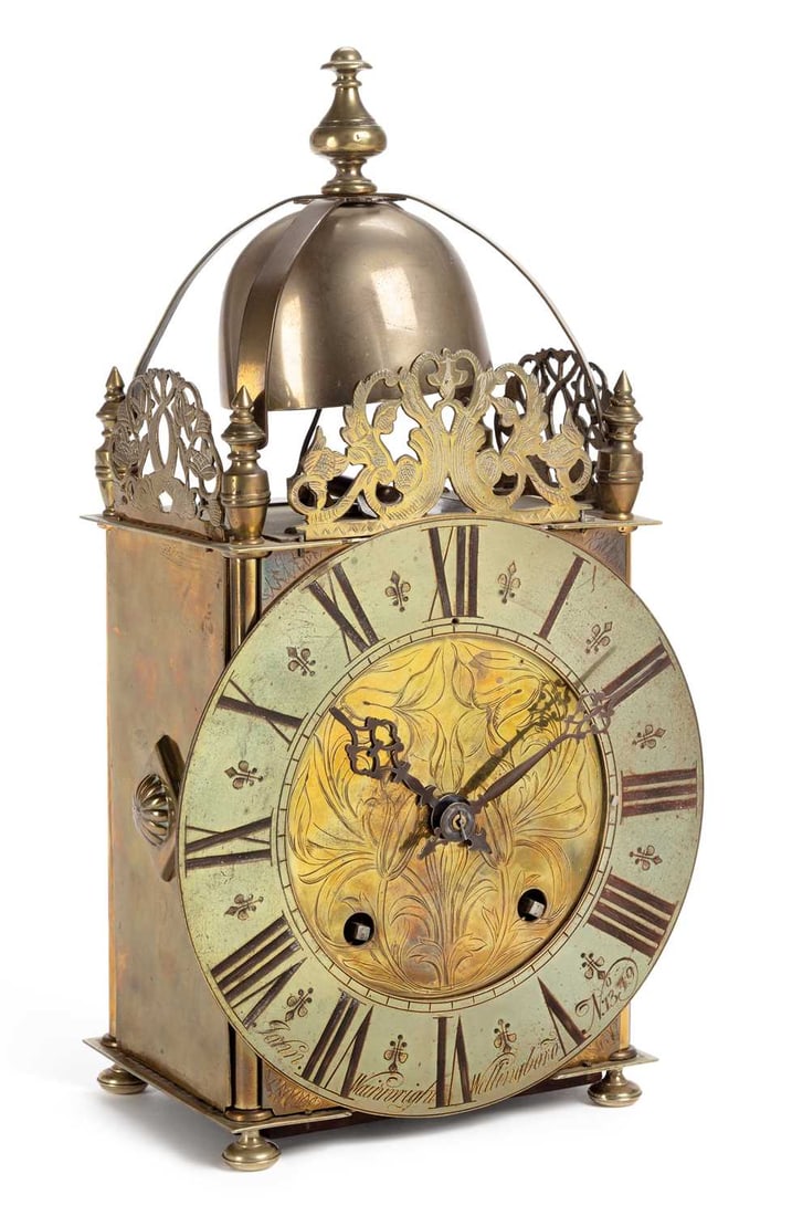 A BRASS LANTERN CLOCK BEARS SIGNATURE WAINWRIGHT, WELLINGBORO (1 of 4)