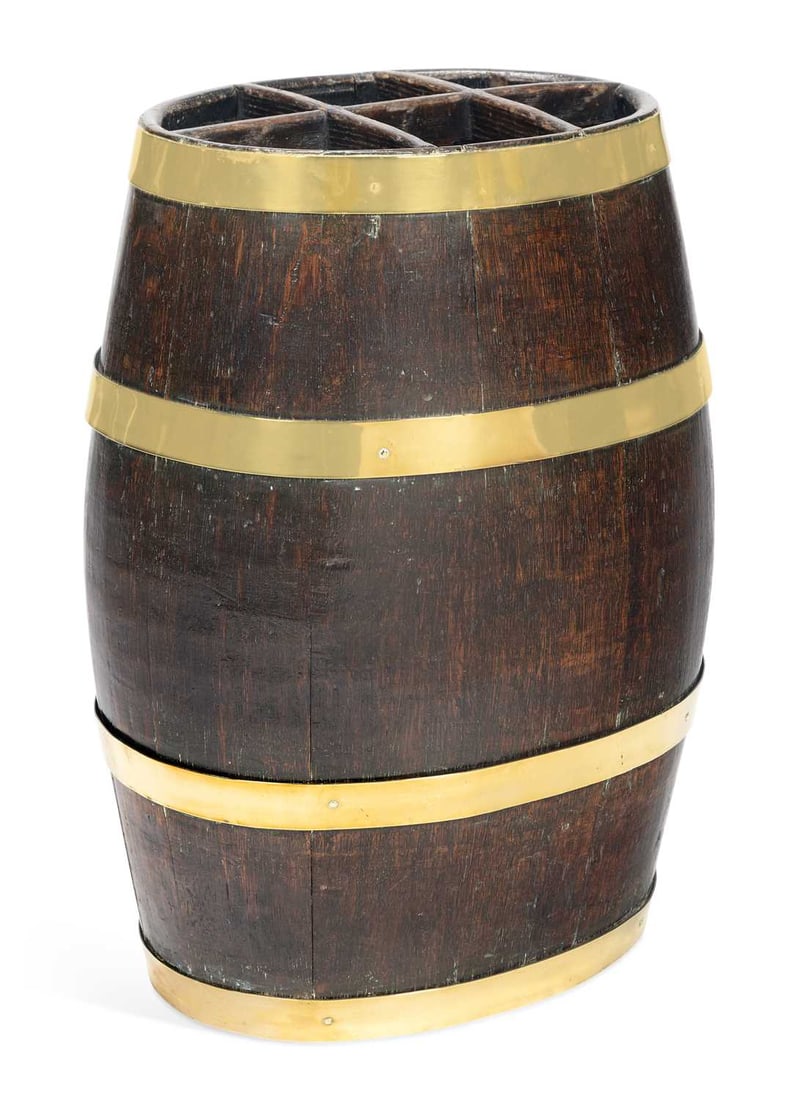 AN OAK AND BRASS BOUND BARREL STICK STAND (1 of 2)
