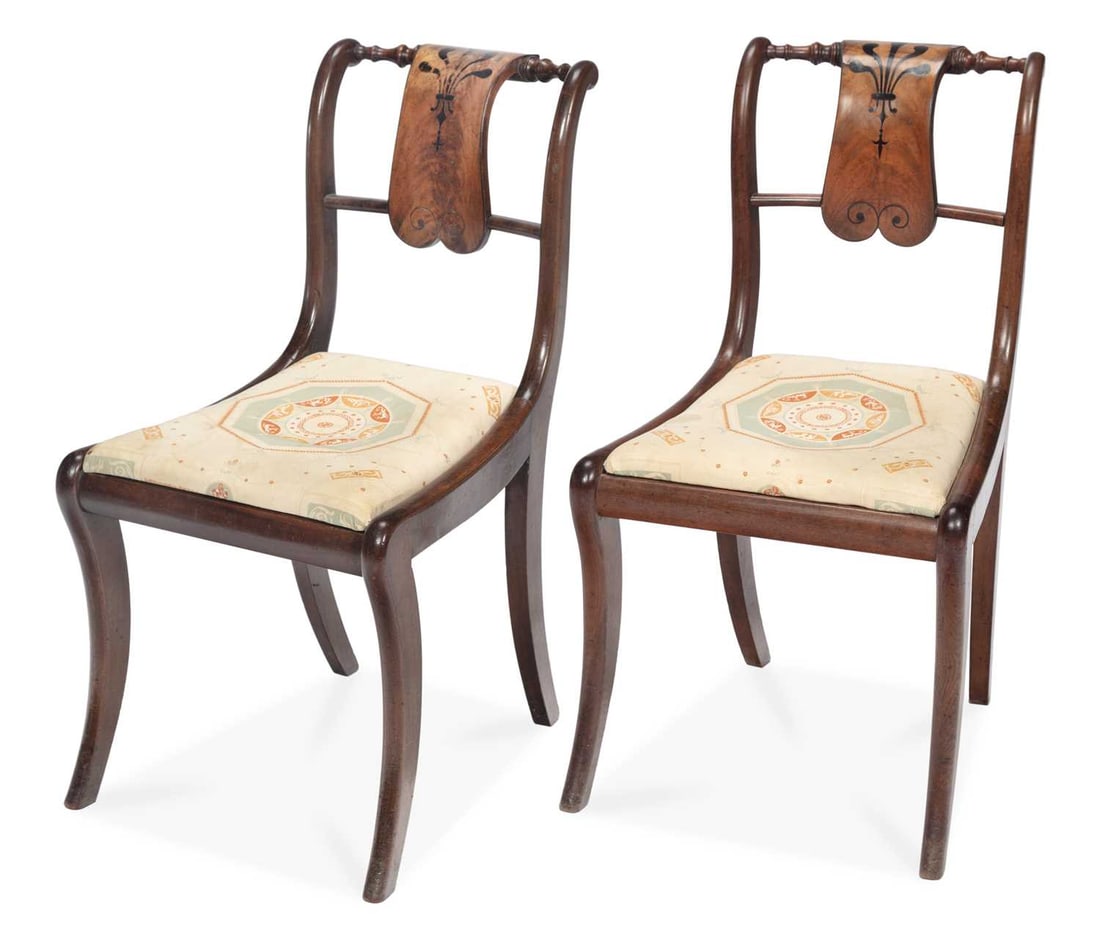 A PAIR OF REGENCY EBONY-INLAID MAHOGANY SIDE CHAIRS (1 of 1)
