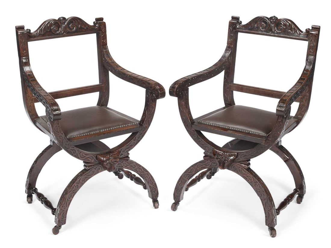 A PAIR OF 19TH CENTURY CARVED WALNUT SAVONAROLA CHAIRS (1 of 1)
