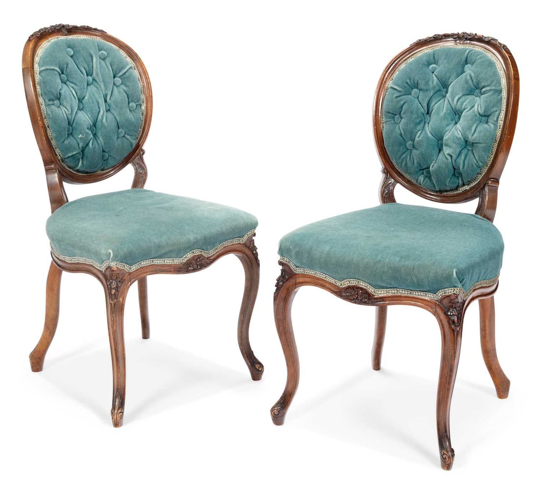 A PAIR OF VICTORIAN WALNUT AND UPHOLSTERED SIDE CHAIRS LABEL OF T.H. FILMER & SONS (1 of 1)