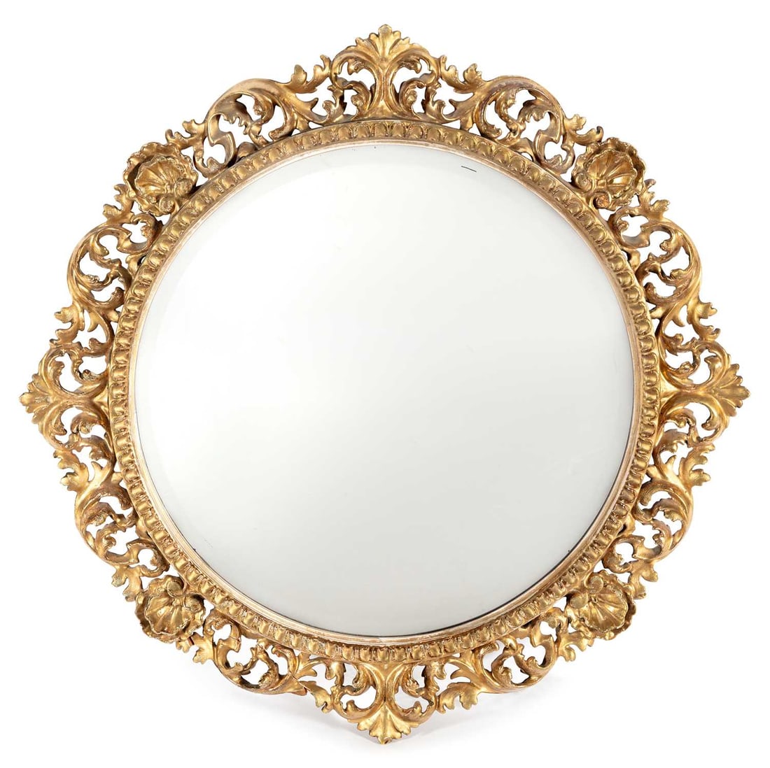AN EARLY 20TH CENTURY BAROQUE STYLE GILT-FRAMED MIRROR: of circular form, the pierced frame with acanthus leaves and floral motifs encompassing the circular bevelled mirror glass. 70cm diameter