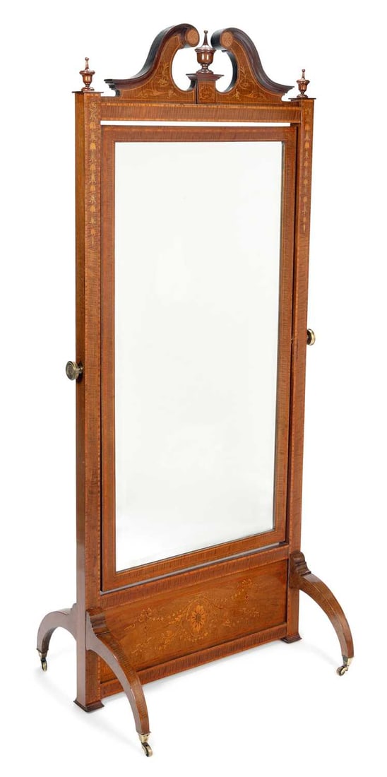 AN EDWARDIAN MARQUETRY INLAID MAHOGANY CHEVAL MIRROR (1 of 1)